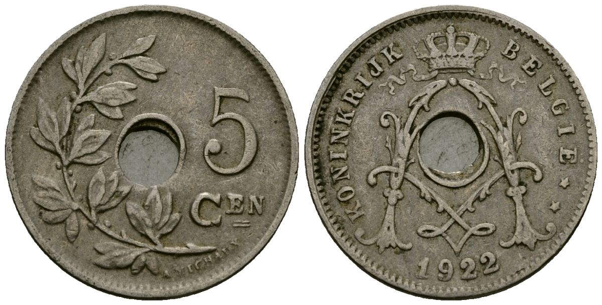 Бельгия 5 сантимов 1922 Belgie KM 67 медно-никель 4173-234