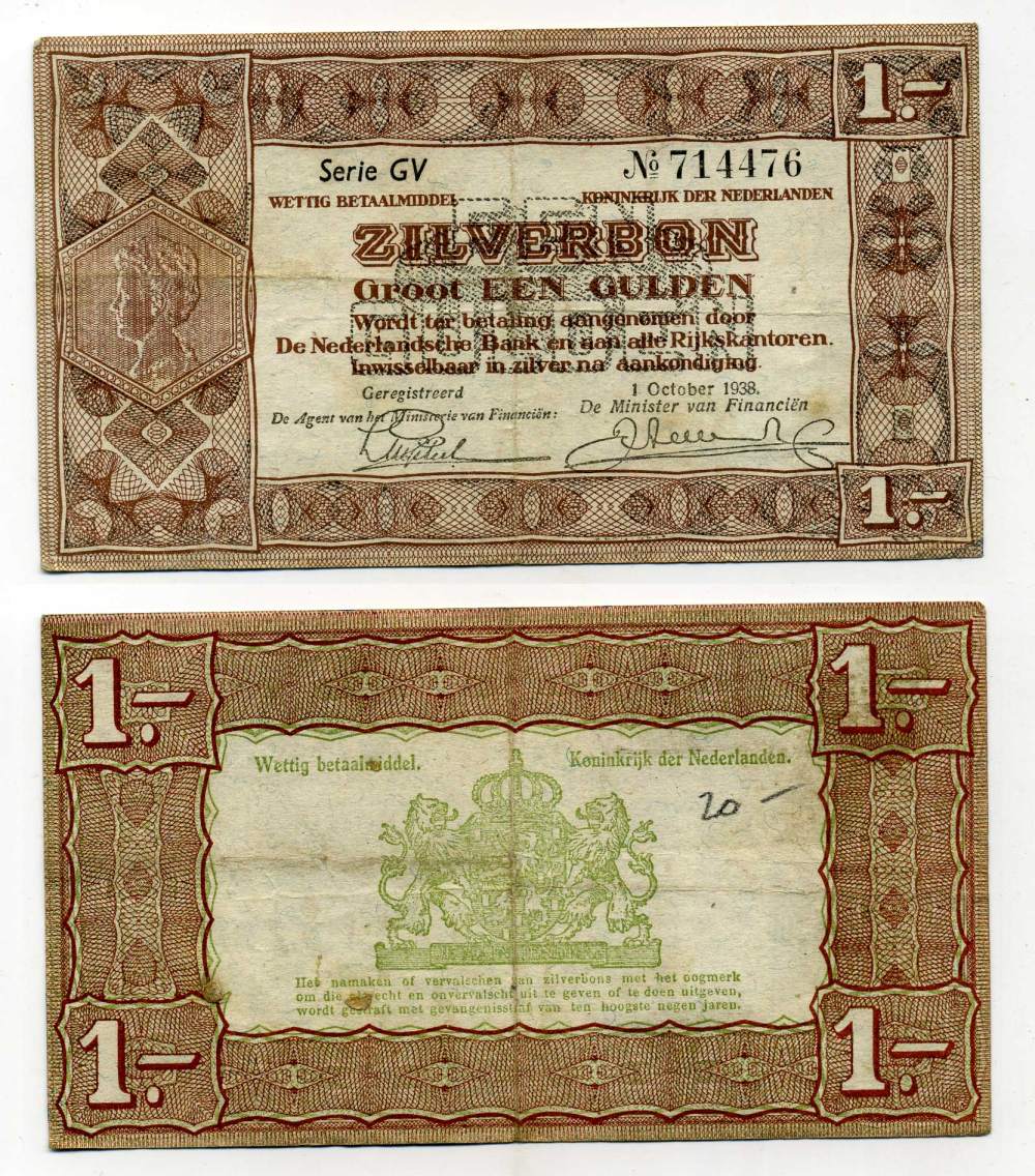 Нидерланды 1 гульден 1938 серебряный ваучер, в серии 2 буквы, 6 цифр Pick 61, Akkermans 4.1 b  бумага 8595-7-2-1