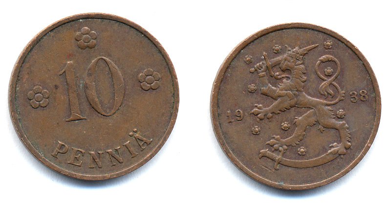 Финляндия 10 пенни 1938 KM 24 медь 51-5641