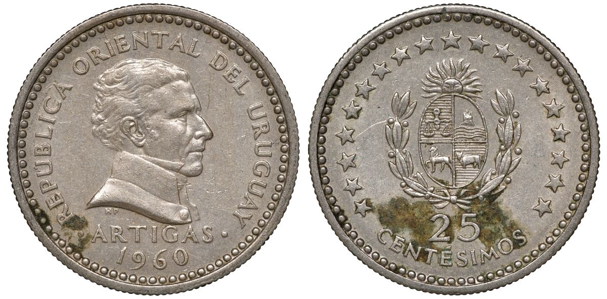 Уругвай 25 сентесимо 1960 KM 40 медно-никель 4169-935