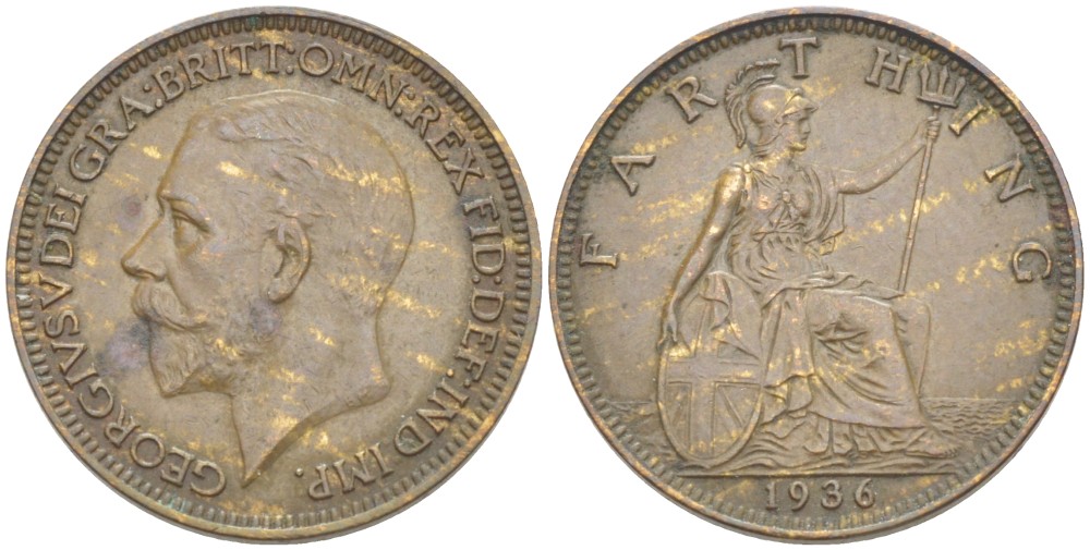 Великобритания 1 фартинг 1936 Георг V (1910-1936) KM 825, Spink 4061 бронза 4543-1054