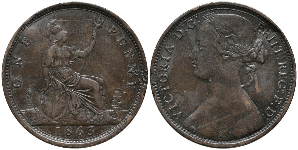 Великобритания 1 пенни 1863 Виктория (1837-1901) KM 749.2, Spink 3954 бронза 32-741