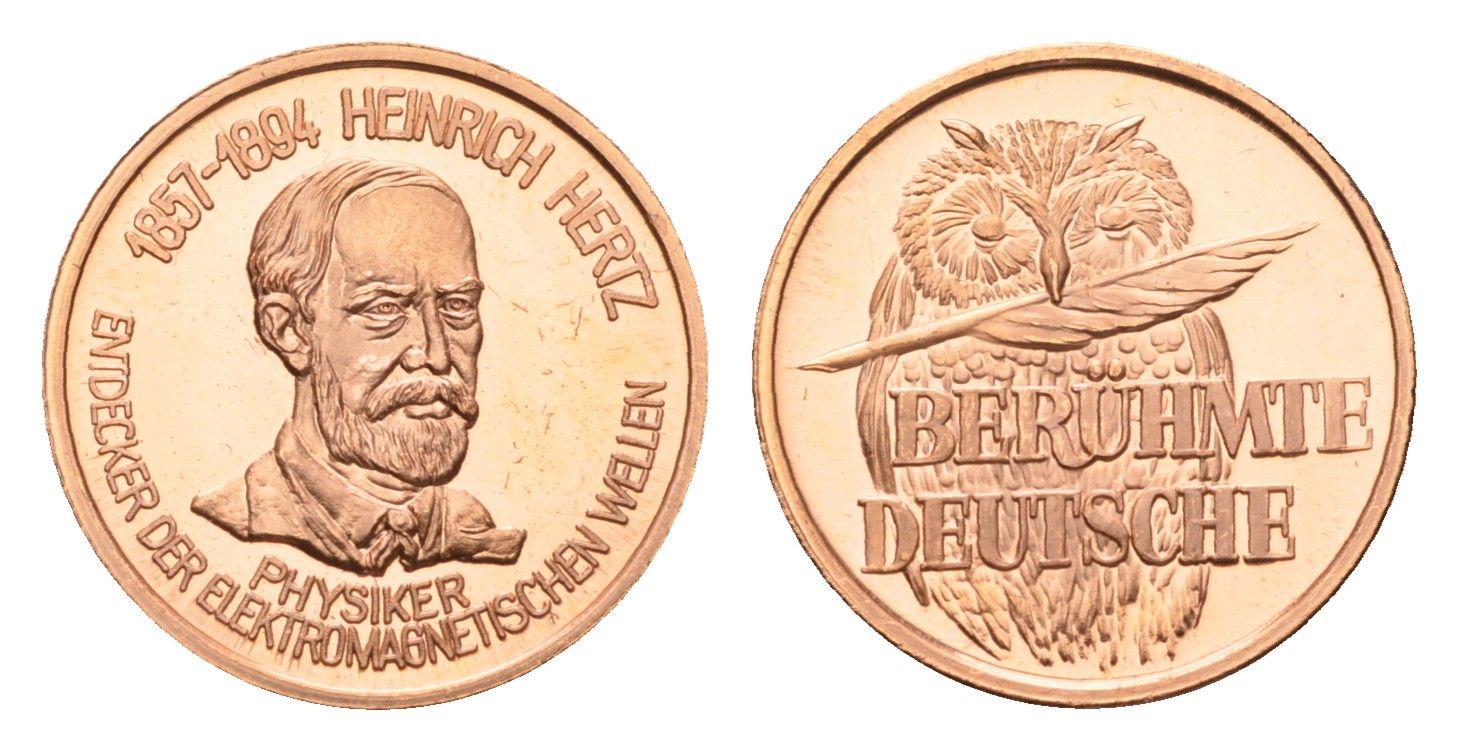 ФРГ медаль из серии знаменитые немцы - Генрих Герц (1857-1894) - доказал существование электромагнитных волн 1980-ые диаметр 18 мм, вес 2,3 гр алюминий плакированный медью UNC 4625-1045