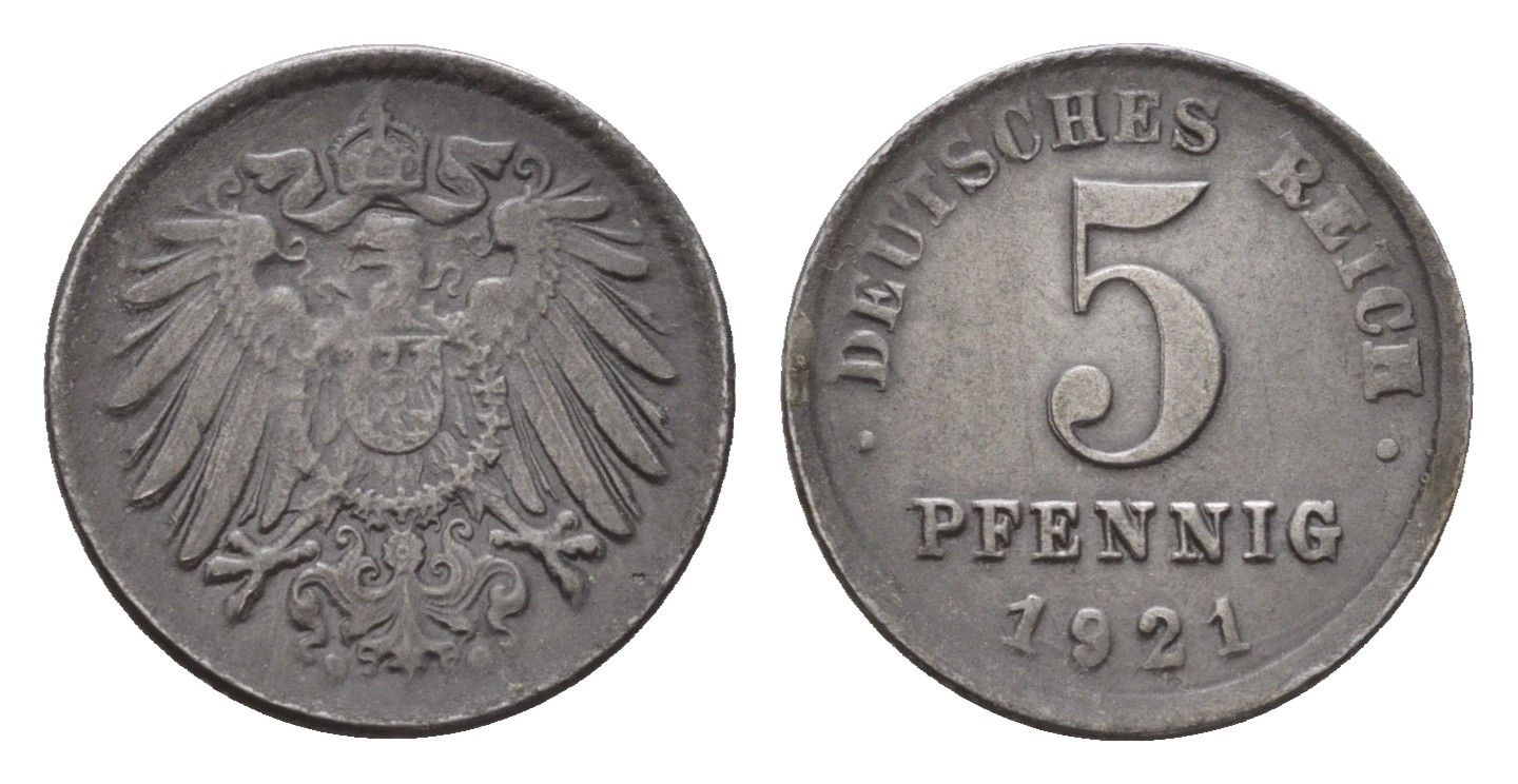 Германия 5 пфеннигов 1921 KM 19, J. 297 железо плакированная цинком 4636-368