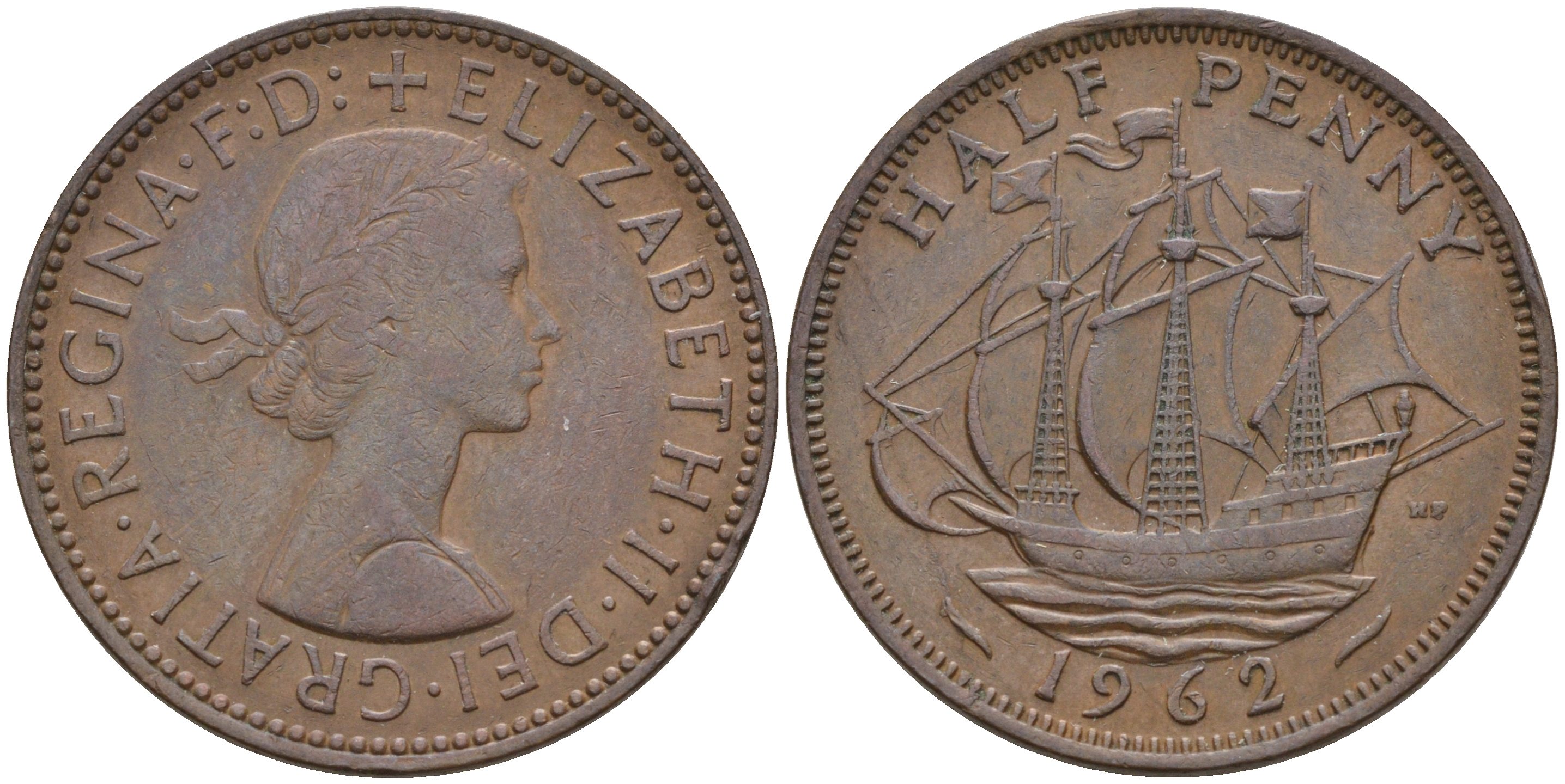 Великобритания 1/2 пенни 1962 Елизавета II (1952-2022) KM 896, Spink 4158 бронза 4592-416