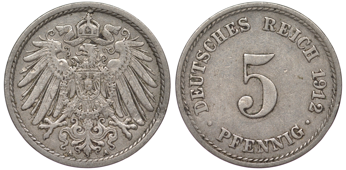 Германия 5 пфеннигов 1912 A, KM 11, J. 12 медно-никель 25-2311