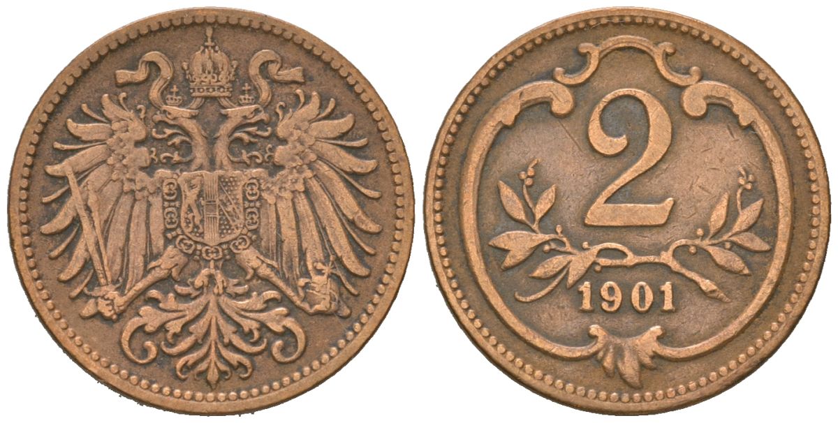 Австрия 2 геллера 1901 Франц Иосиф I (1848-1916) KM 2801 бронза 4615-167