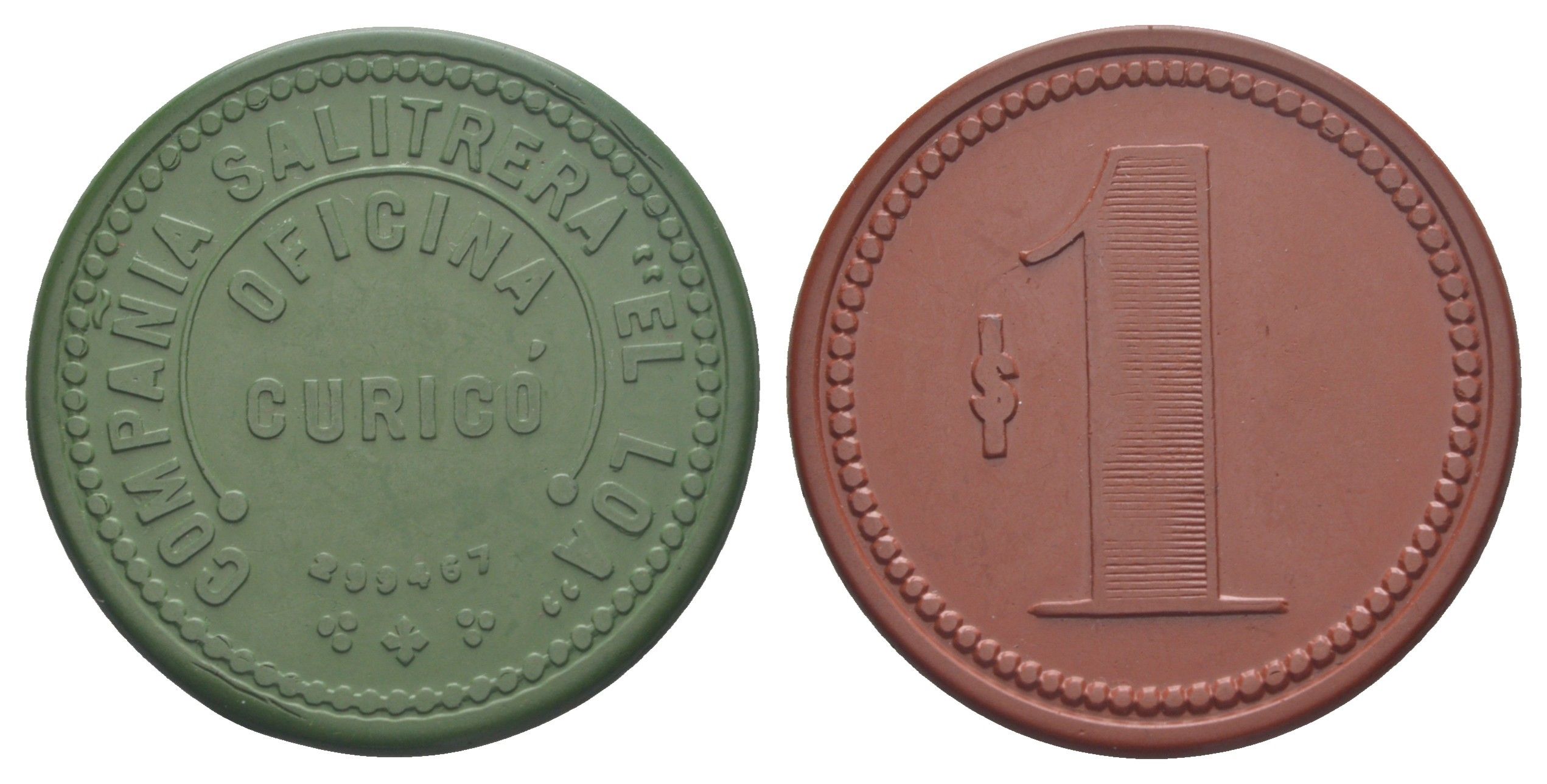 Чили, Курико (Curico), Антофагаста шахтерский жетон с Селитряного рудника для покупки в местных магазинах, номиналом в 1 песо 1880-1920 диаметр 41 мм, вес 5,49 гр Espinosa 86.4 эбонит (зеленый и красный) 1094-11-63