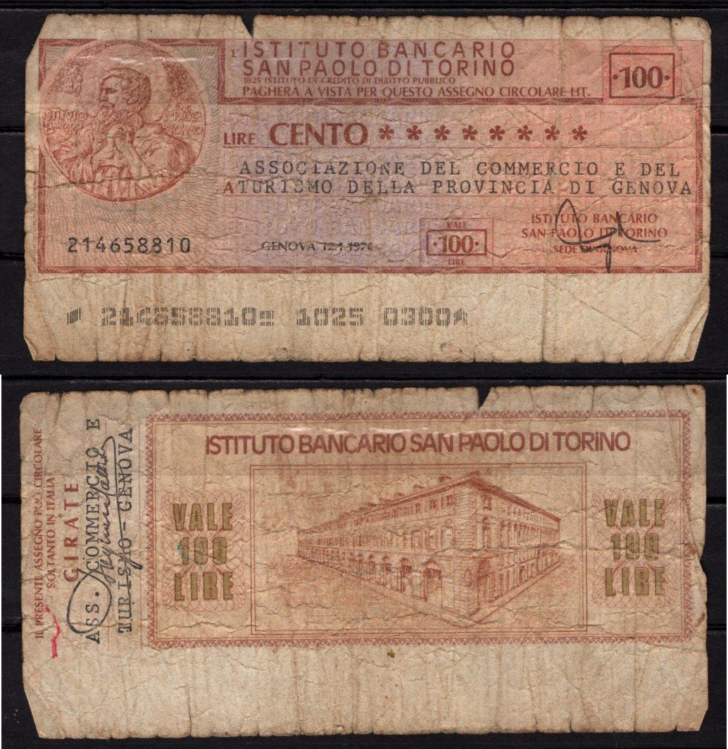 Италия чек на 100 лир 1976 банк San Paolo, разновидность итальянского нотгельда бумага 8518-48-1-2