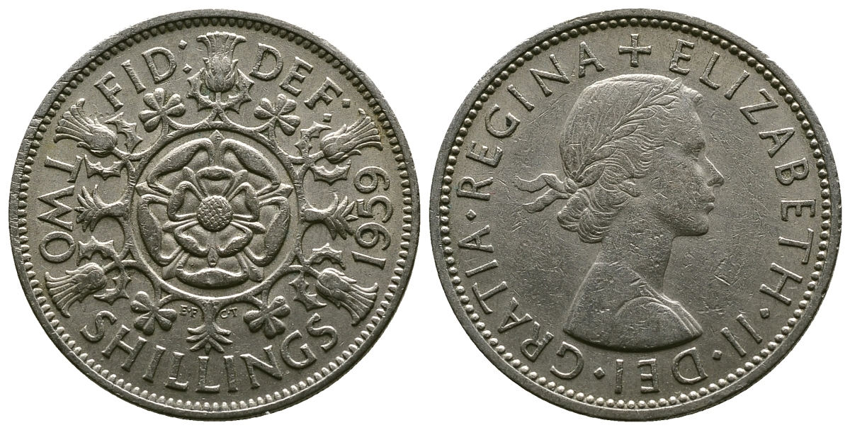 Великобритания 2 шиллинга (флорин) 1959 Елизавета II (1952-2022) KM 906, Spink 4146 медно-никель 4382-213