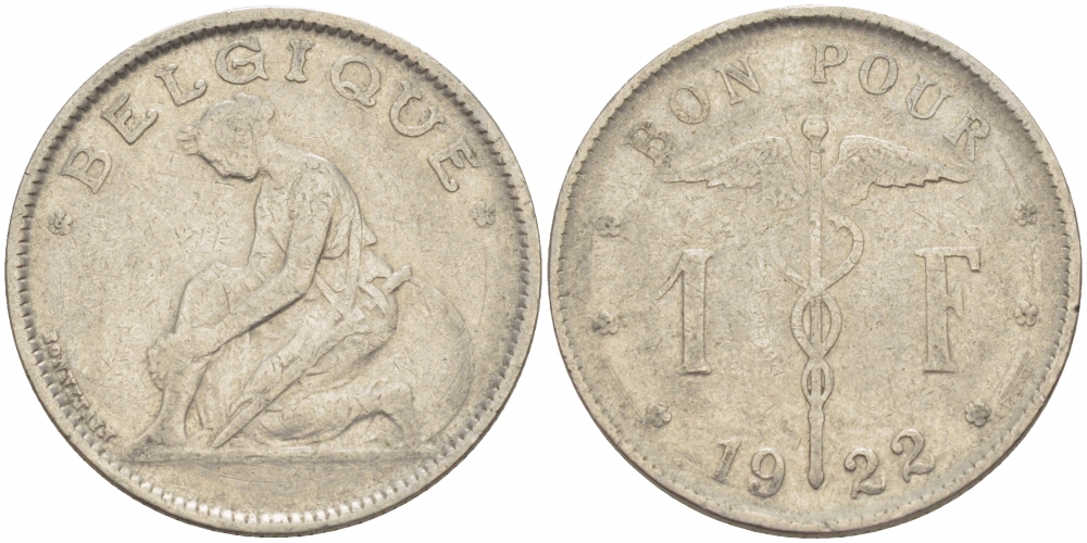 Бельгия 1 франк 1922 Belgique, Альберт I (1910-1934) KM 89 никель 261-1011