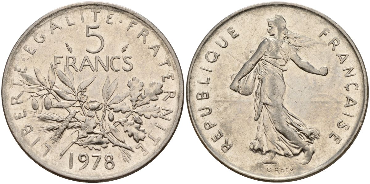 Франция 5 франков 1978 сеятель KM 926a.1, Le Franc 341.3 4149-326