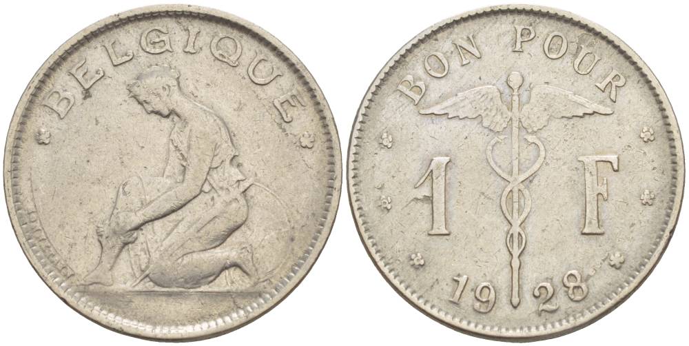 БЕЛЬГИЯ 1 ФРАНК 1928 BELGIQUE KM 89 никель 4546-225