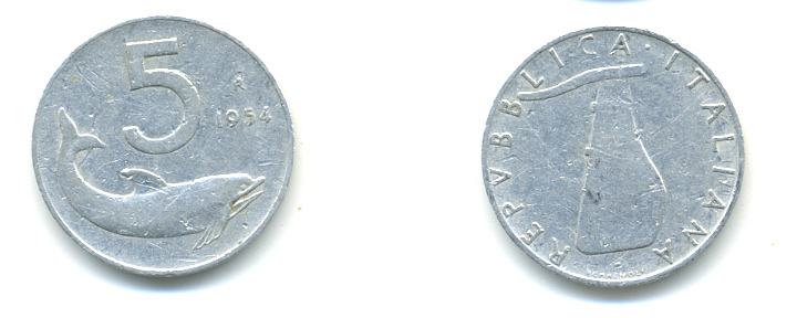 ИТАЛИЯ 5 ЛИР 1954 R, РУЛЬ, ДЕЛЬФИН KM 92 алюминий 86-943