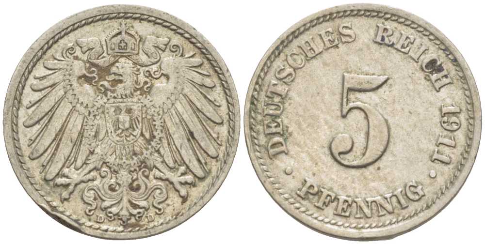 Германия 5 пфеннигов 1911 D KM 11, J. 12, Weege 6 медно-никель 105-154