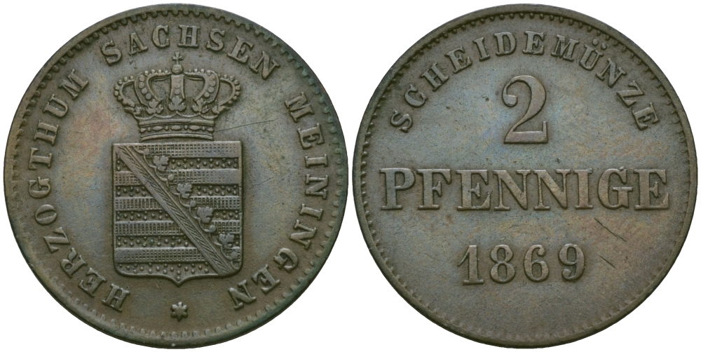 Саксен-Мейнинген 2 пфеннига 1869 Георг II (1866-1914) KM 174, Jaeger 448, AKS 215 медь 99-663