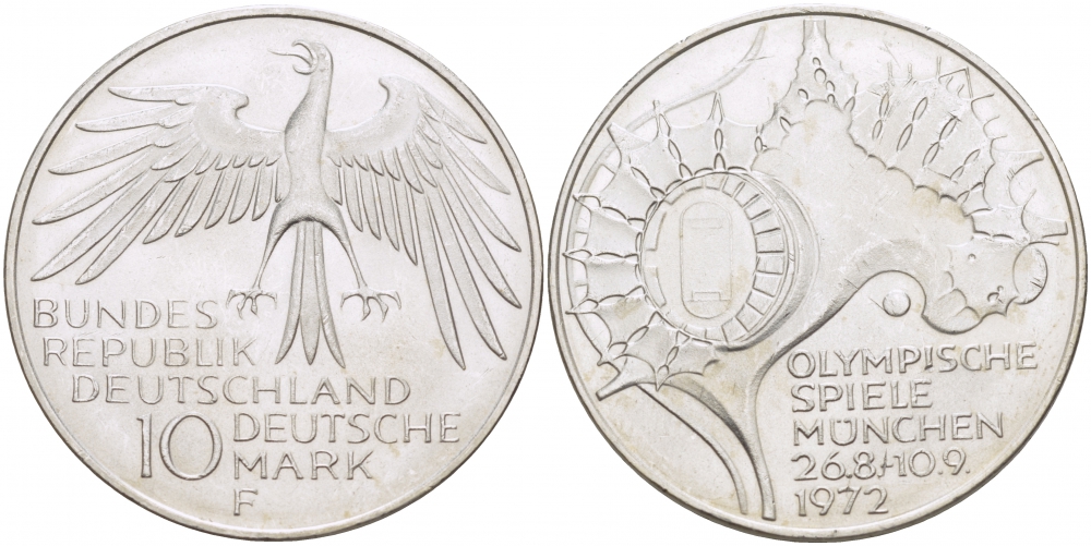 ФРГ 10 МАРОК 1972 F, ОЛИМПИАДА, СТАДИОН KM 133, J.404 серебро UNC 3457-413