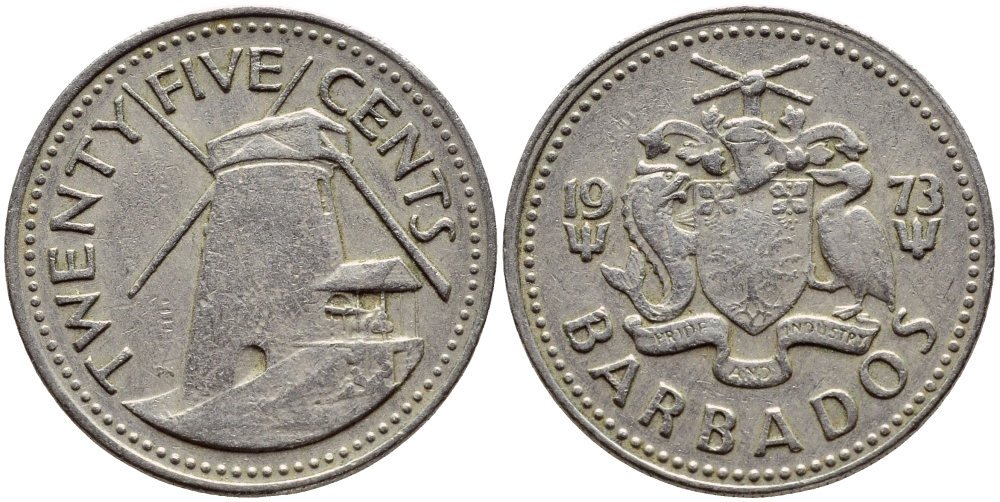 Барбадос 25 центов 1973 ветряная мельница Моргана Льюиса KM 13 медно-никель 4398-332