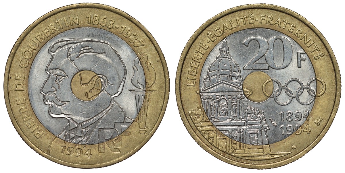 Франция 20 франков 1994 100 лет международному Олимпийскому комитету, Пьер Кубертен KM 1036, Le Franc 405.2 триметалл 4123-725