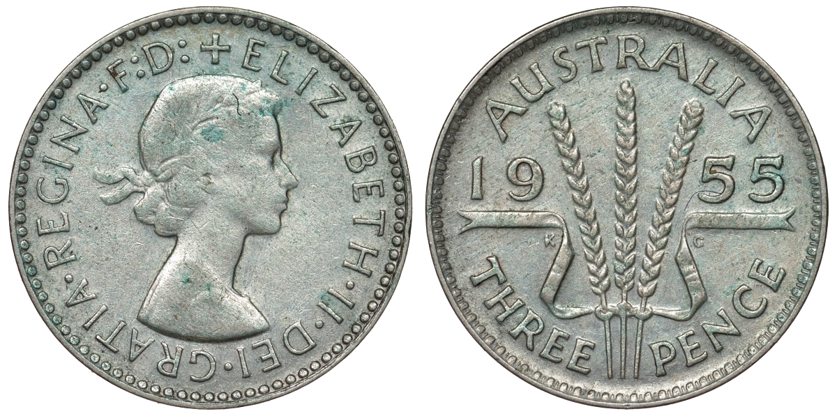 Австралия 3 пенса 1955 m, Елизавета II (1952-2022) KM 57 серебро 71-445