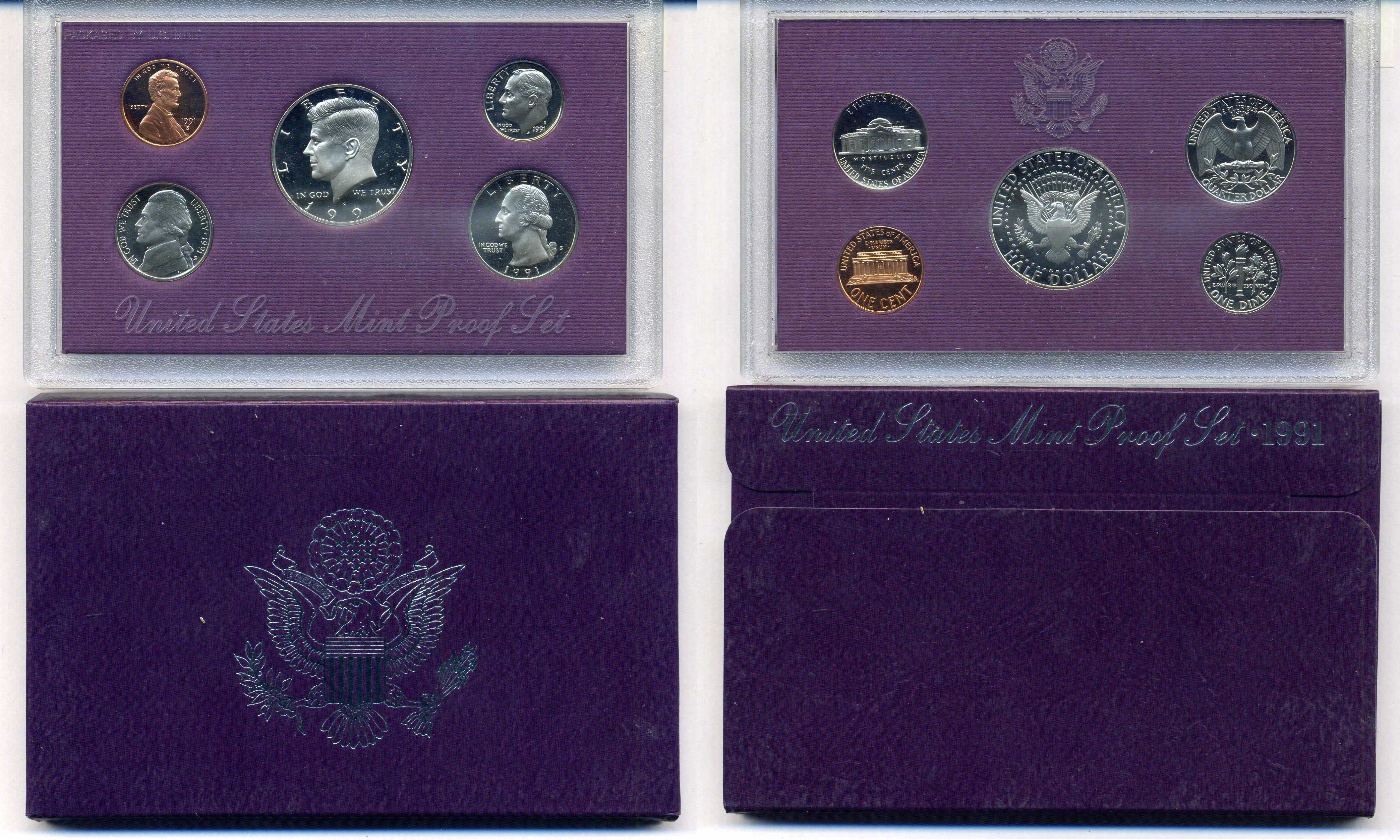 США годовой набор из 5 монет (1, 5, 10, 25 и 50 центов) 1991 в оригинальной упаковке KM PS167 (164a, A192, 195a, 201b и 202b) PROOF 8-2-02-39