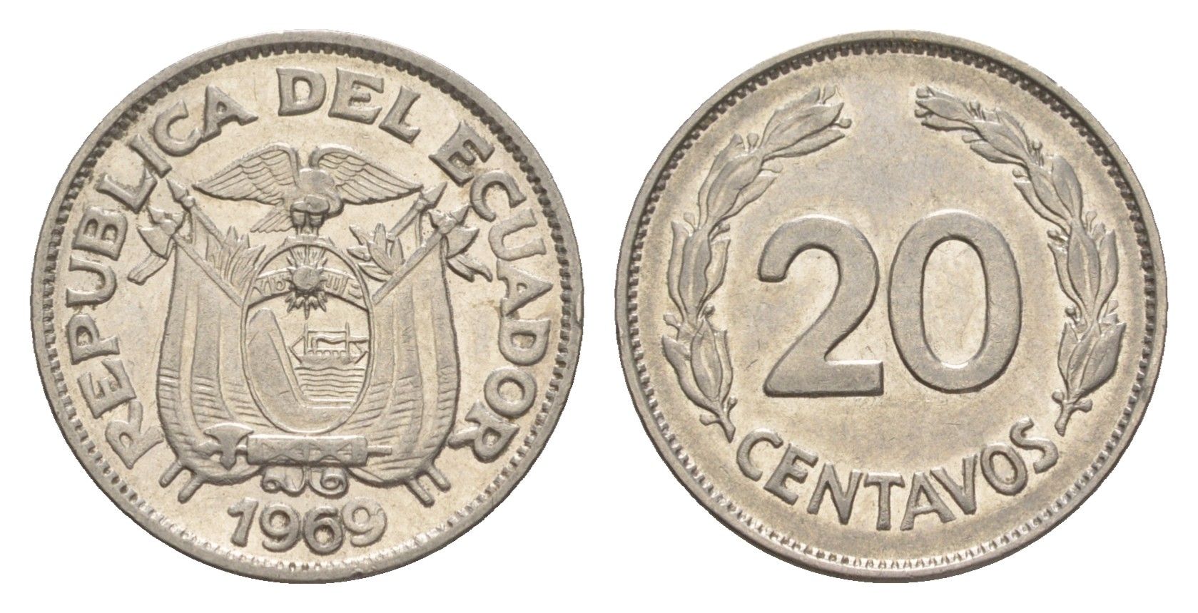 Эквадор 20 сентаво 1969 KM 77.1c сталь плакированная никелем 4643-1236
