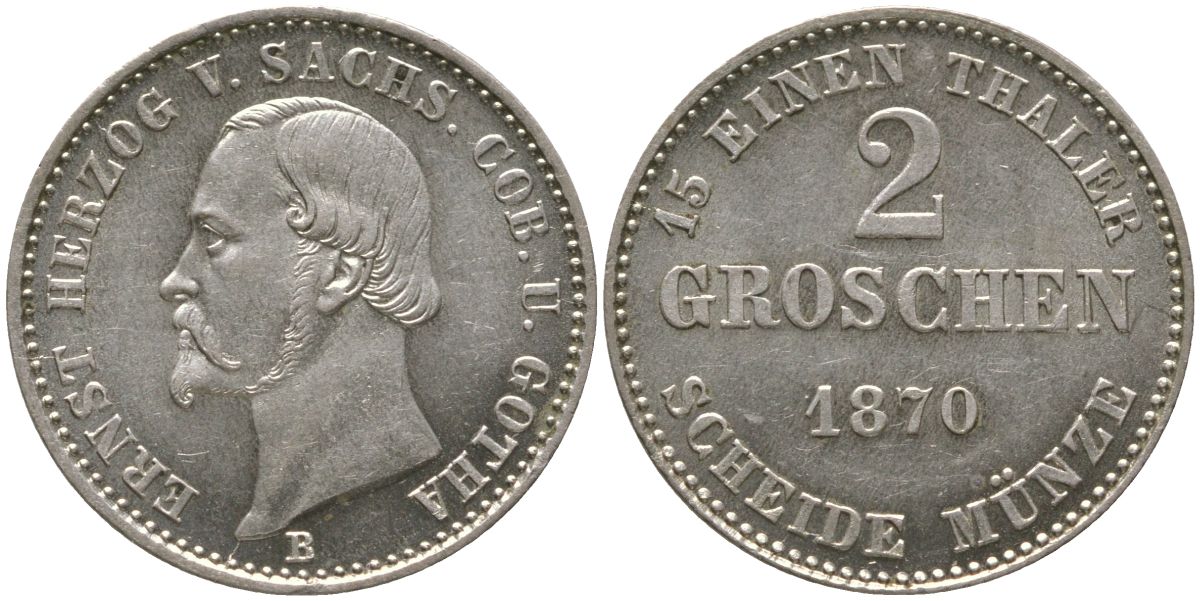 Саксен-Кобург-Гота 2 гроша 1870 B, Эрнст II (1844-1893) KM 141 серебро  aUNC  1531-1235