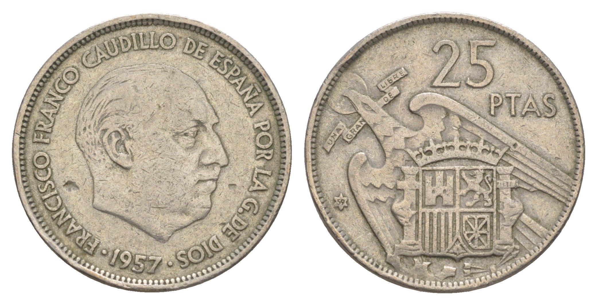 Испания 25 песет 1957 (59) Франсиско Франко (1939-1975) KM 787 медно-никель 4616-517