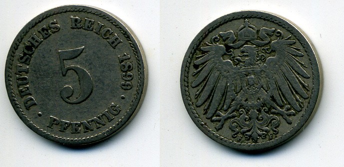 ГЕРМАНИЯ 5 ПФЕННИГОВ 1899 F, KM 11, J. 12 медно-никель 58-167