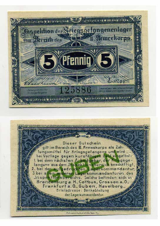 Германия 5 пфеннигов 1917 инспекция лагерей военнопленных в Губене, III-ий Армейский корпус C-3054 бумага UNC (пресс) 504-74-2-1
