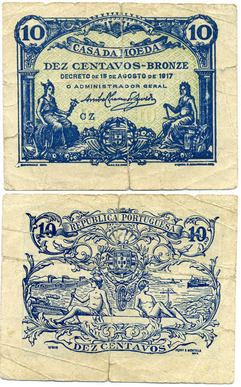 ПОРТУГАЛИЯ 10 СЕНТАВО 1917 СИНЯЯ, 15 АВГУСТА 1917, CASA DA MOEDA Pick 95b бумага F 8606-29-3-1