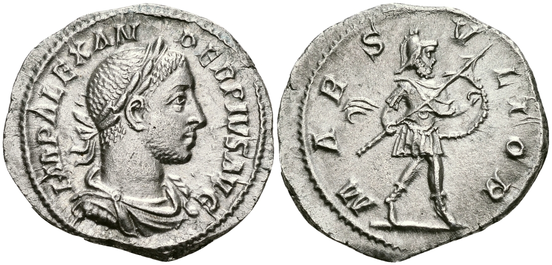 Римская Империя денарий 232 Александр Север MARS VLTOR Марс Рим Extremely fine RIC 246 серебро 1073-5-6-4