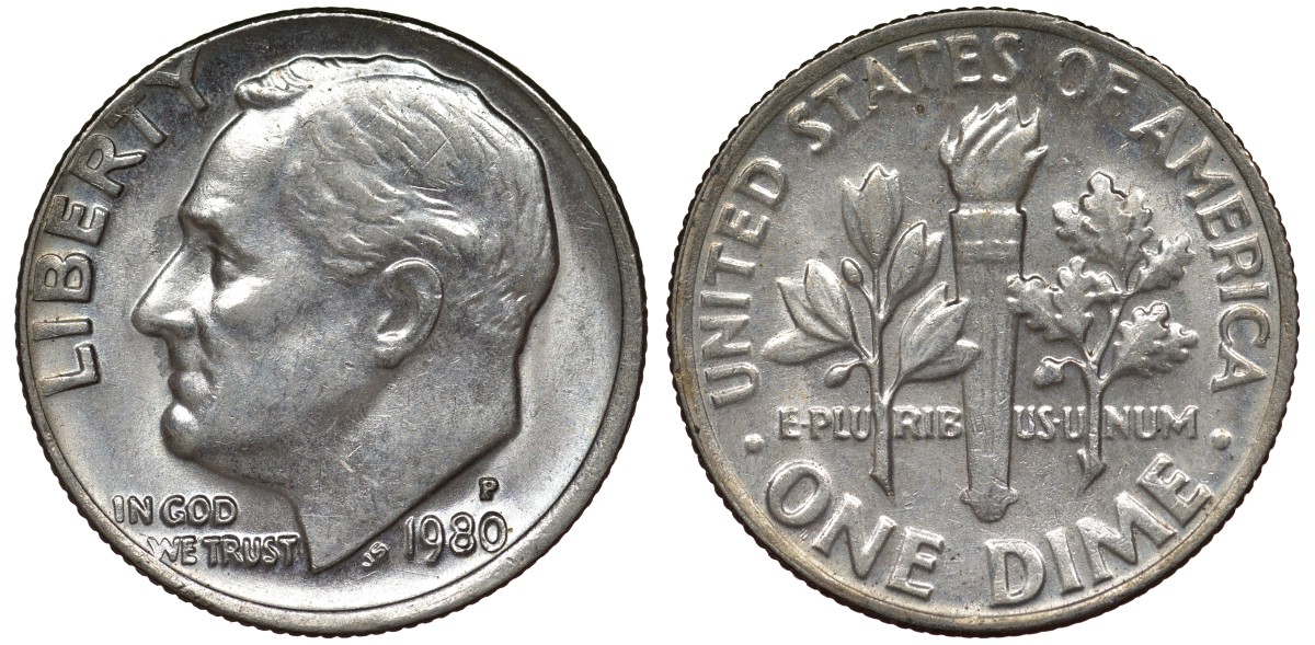 США 10 центов = дайм 1980 P, Рузвельт KM 195а медь плакированная медно-никелем 4124-451