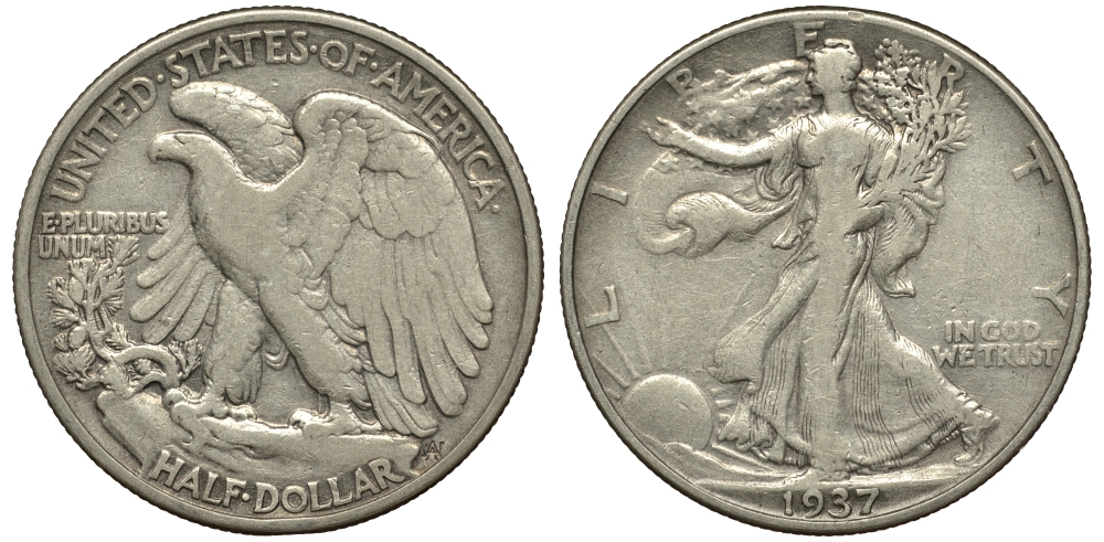 США 1/2 доллара (50 центов) 1937 шагающая свобода KM 142 серебро 413-243