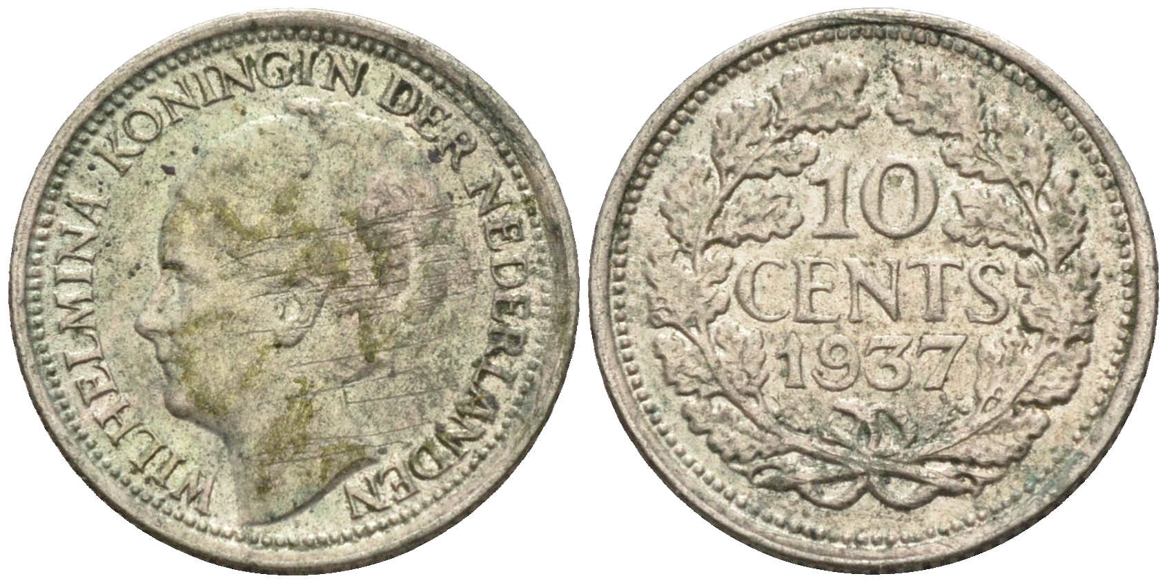 Нидерланды 10 центов 1937 Вильгельмина I (1890-1948) КМ 163 серебро  4169-232