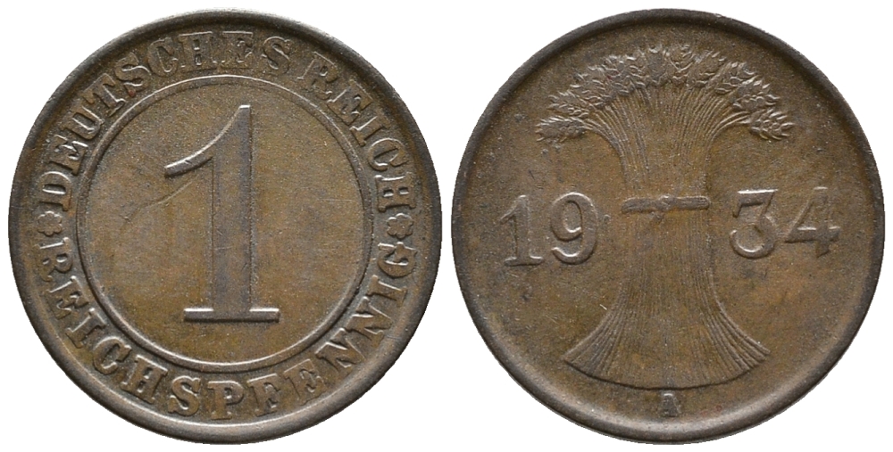 ГЕРМАНИЯ 1 РЕЙХСПФЕННИГ 1934 A KM 37, J. 313 бронза 39-1066