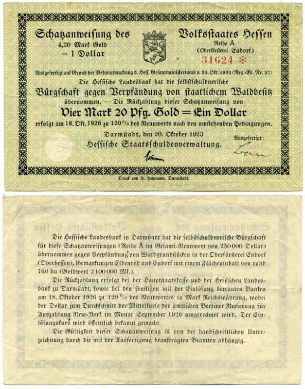 Германия, Дармштадт 4 марки 20 пфеннигов золотом = 1 доллар 1923 20 октября 1923, нотгельд, земля Гессен, серия А, номер, снежинка   бумага   8613-34-2-1