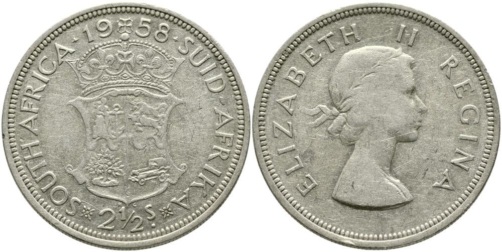 ЮАР 2-1/2 шиллинга 1958 Елизавета II (1952-2022) KM 51 серебро 4542-623