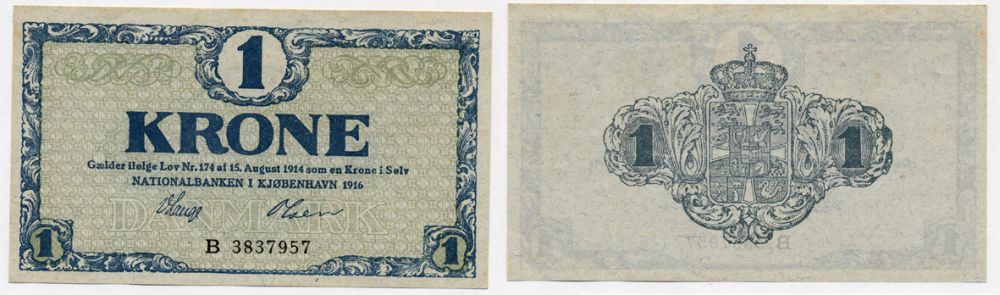 Дания 1 крона 1916 серия В Pick 12 b бумага UNC (пресс) 7484-12-2-2