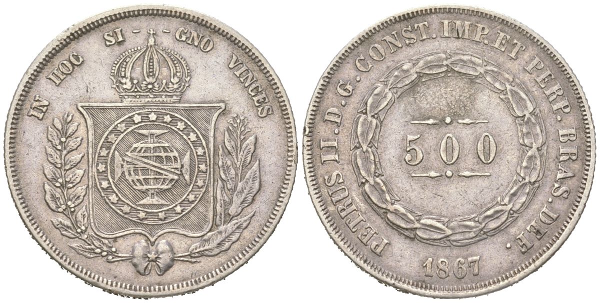 Бразилия 500 реалов 1867 Педро II (1831-1889) KM 464 серебро 68-754