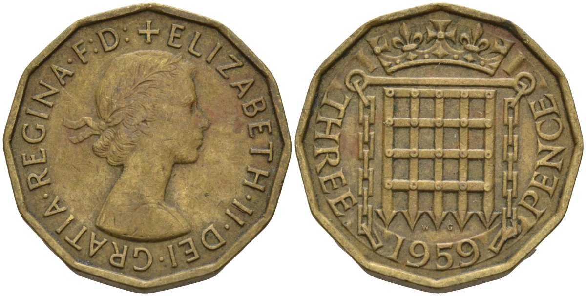 Великобритания 3 пенса 1959 Елизавета II (1952-2022) KM 900, Spink 4153 никель латунь 4146-344