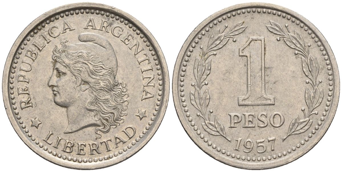 Аргентина 1 песо 1957 голова свободы влево KM 57, Schon 57 сталь плакированная никелем    60-1013