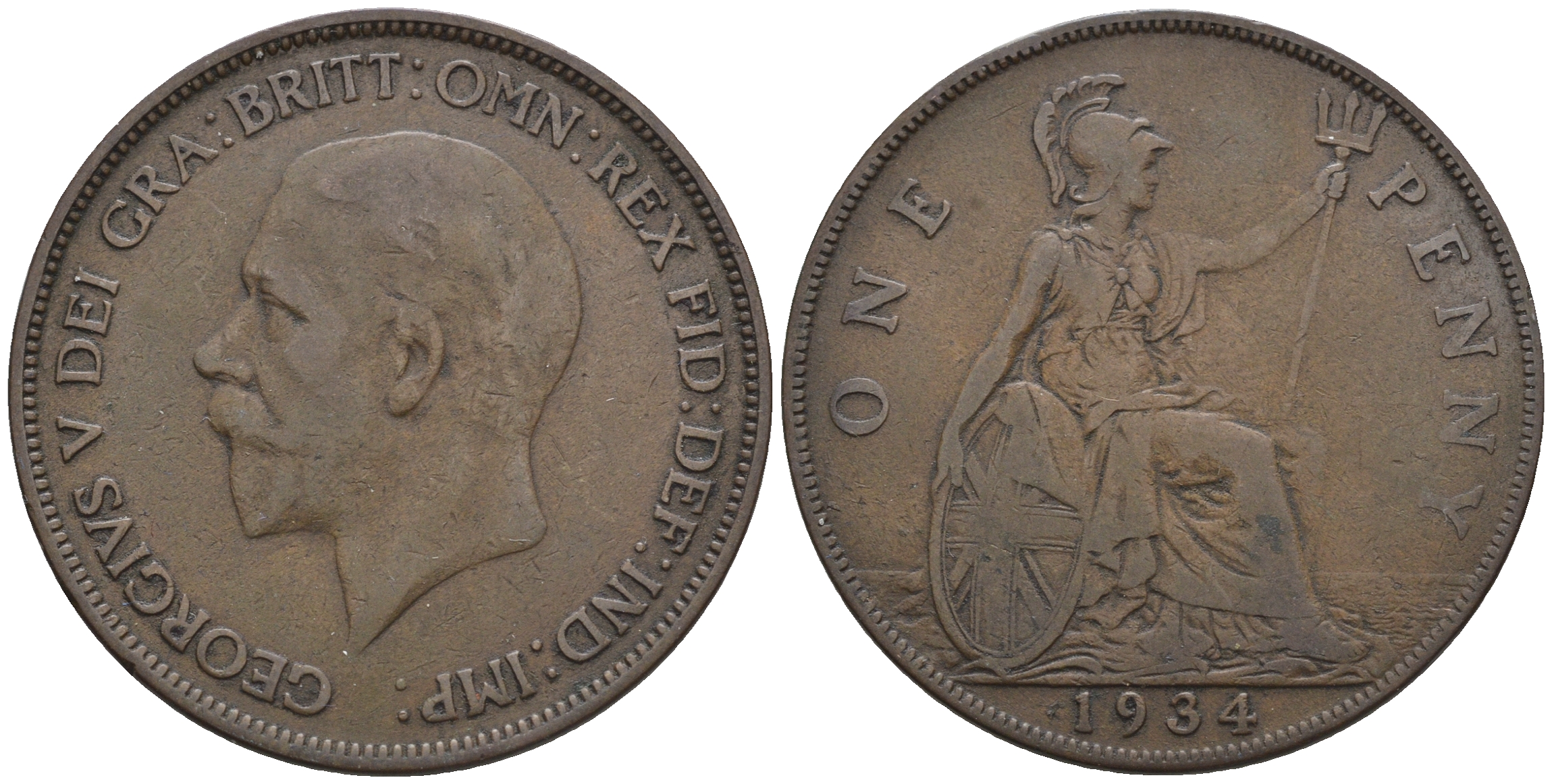 Великобритания 1 пенни 1934 Георг V (1910-1936) КМ 838, Spink 4055 бронза 4607-1111