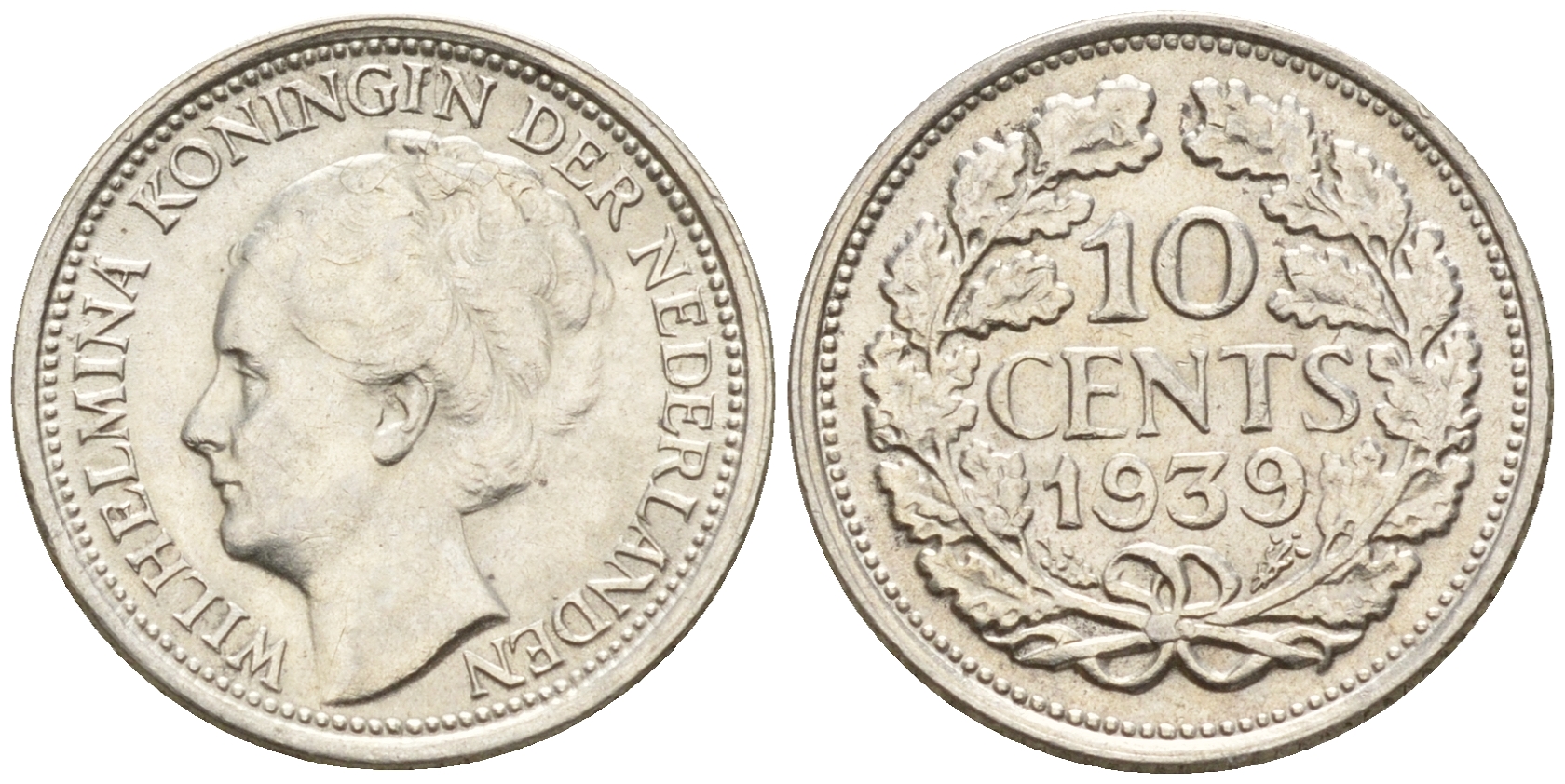 Нидерланды 10 центов 1939 Вильгельмина I (1890-1948) КМ 163 серебро  UNC  4602-527