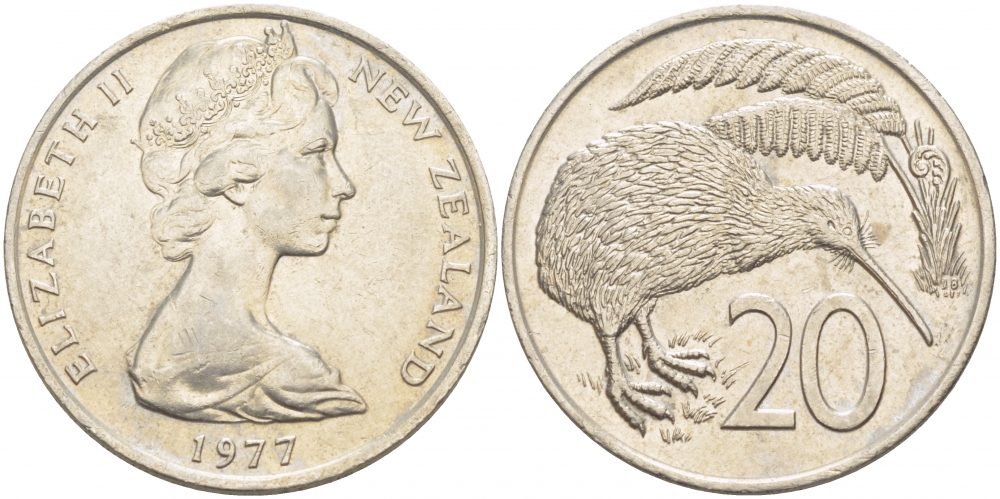 Новая Зеландия 20 центов 1977 Елизавета II (1952-2022), птичка киви KM 36.1 медно-никель UNC 215-143