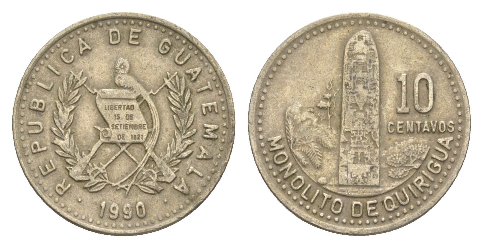 Гватемала 10 сентаво 1990 монолиты Киригуа KM 277.5 медно-никель 4613-237