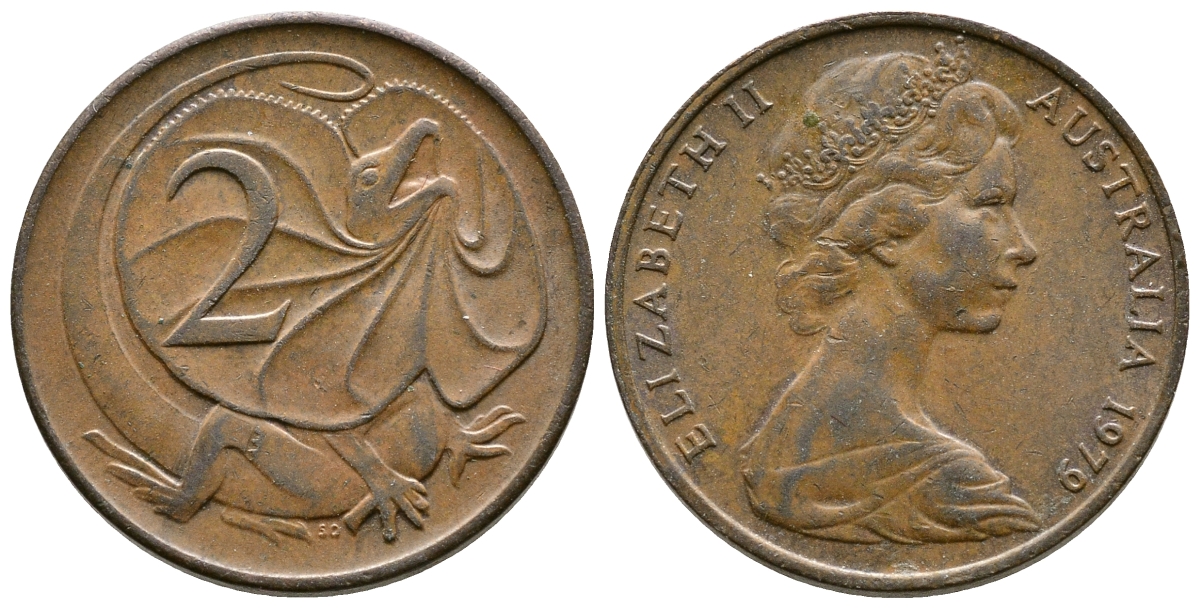Австралия 2 цента 1979 Елизавета II (1952-2022), плащеносная ящерица (FRILLED LIZARD)  KM 63 бронза 23-1331