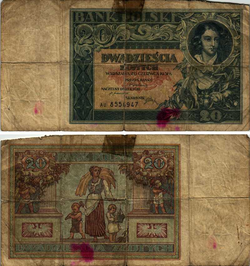 ПОЛЬША 20 ЗЛОТЫХ 1931 20 ИЮНЯ 1931, ПЛАТЕР Pick 73 бумага VG 7183-37-2-2