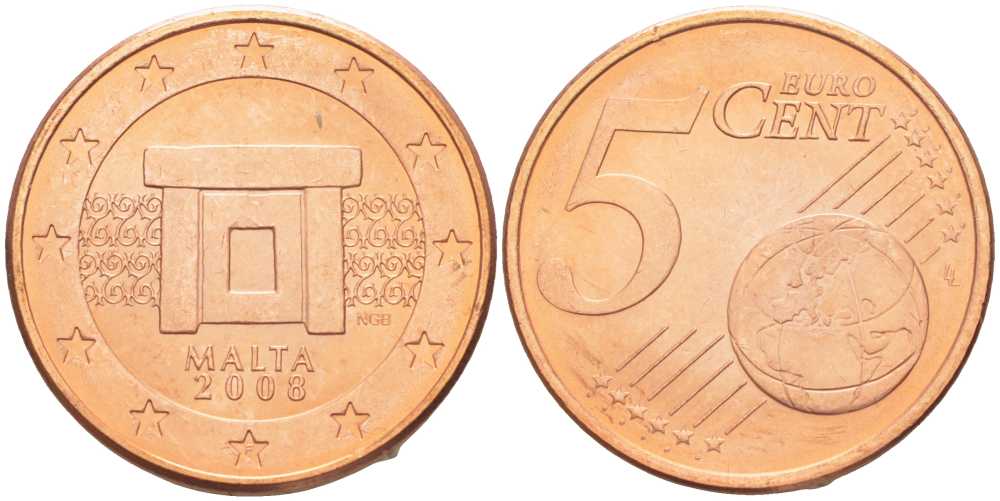 Мальта 5 евроцентов 2008 KM 127 сталь плакированная медью UNC 75-1128