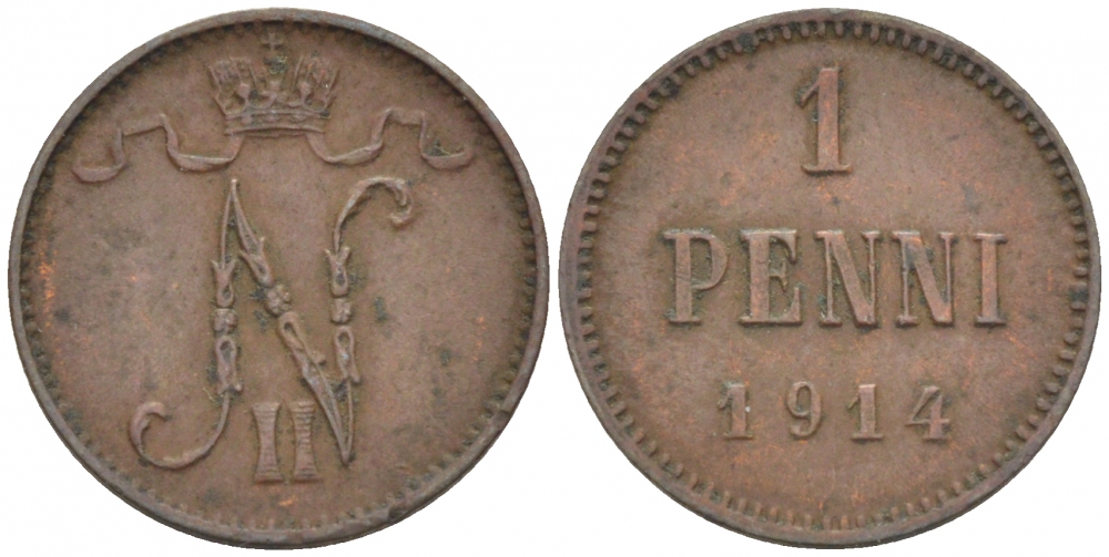 Россия для Финляндии 1 пенни 1914 Николай II (1894-1917) KM 13, Биткин 474 медь 4396-1426